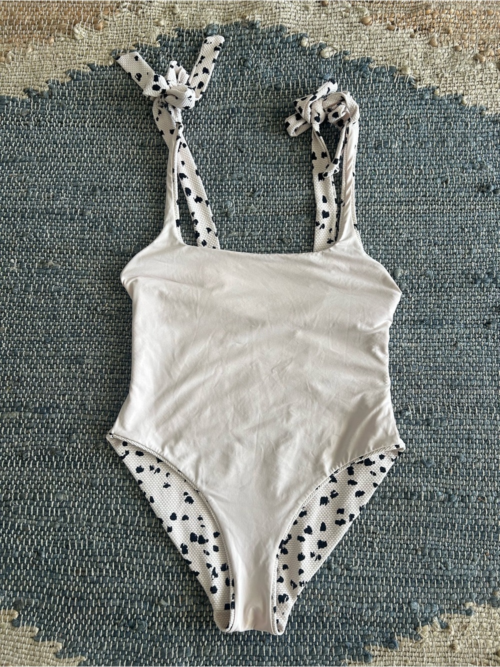Eberjey Tie Shoulder One Piece Swimsuit Textured Spotted Ivory Black Size S - Picture 6 of 8